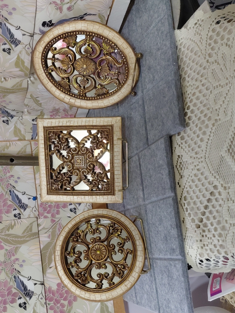 Home Interiors Gold and Cream Ornamental Wall Mirrors Set of Three